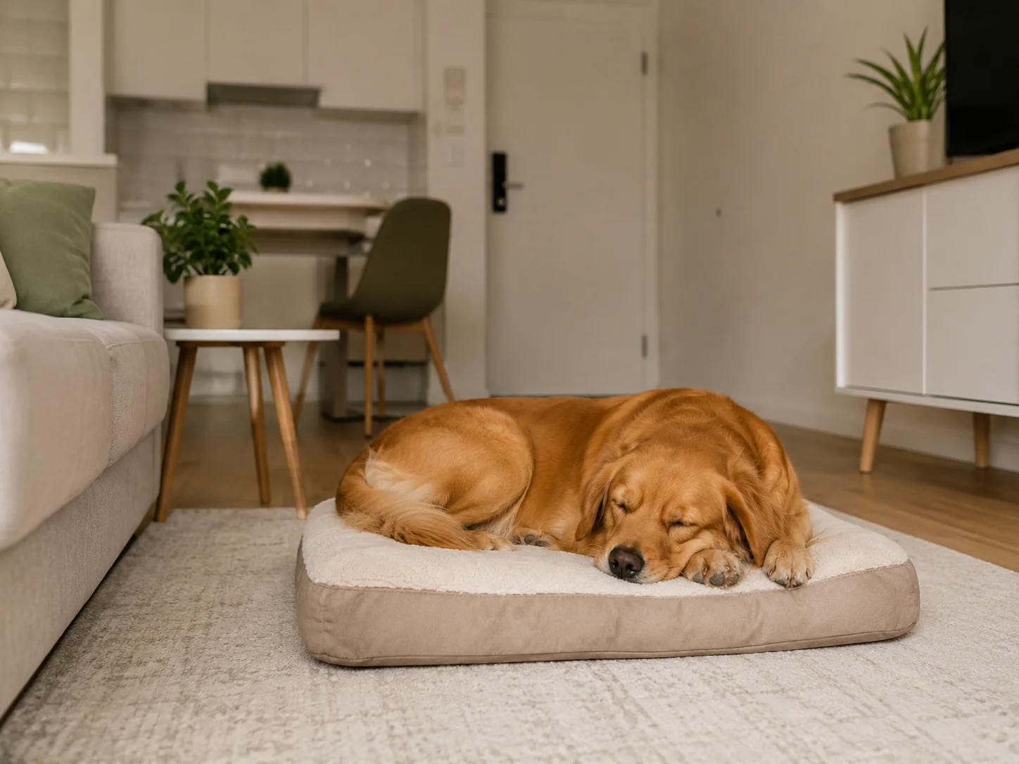 Cão tranquilo em apartamento de espaço reduzido.