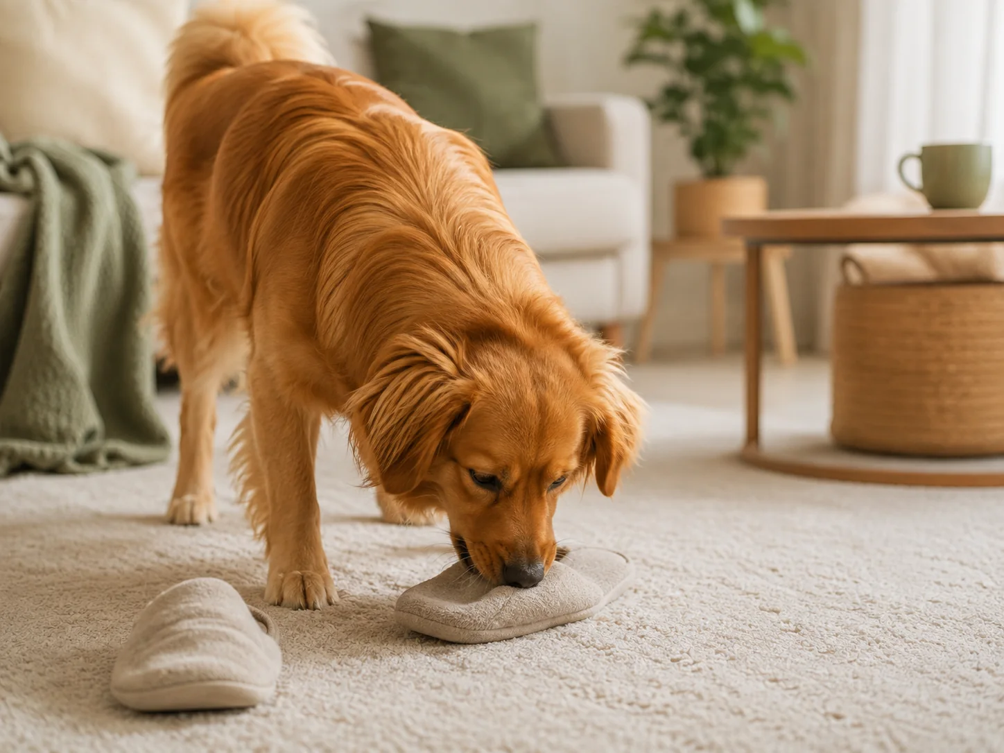 Cão explorando com a boca um objeto doméstico na sala.