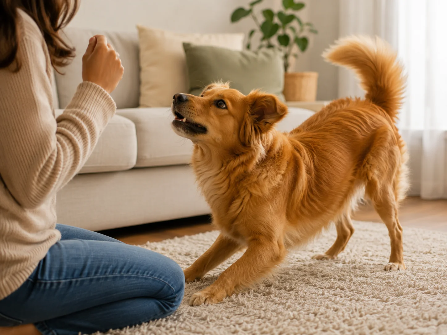 Cão inquieto em pé no meio da sala, corpo alerta, sem conseguir desacelerar.