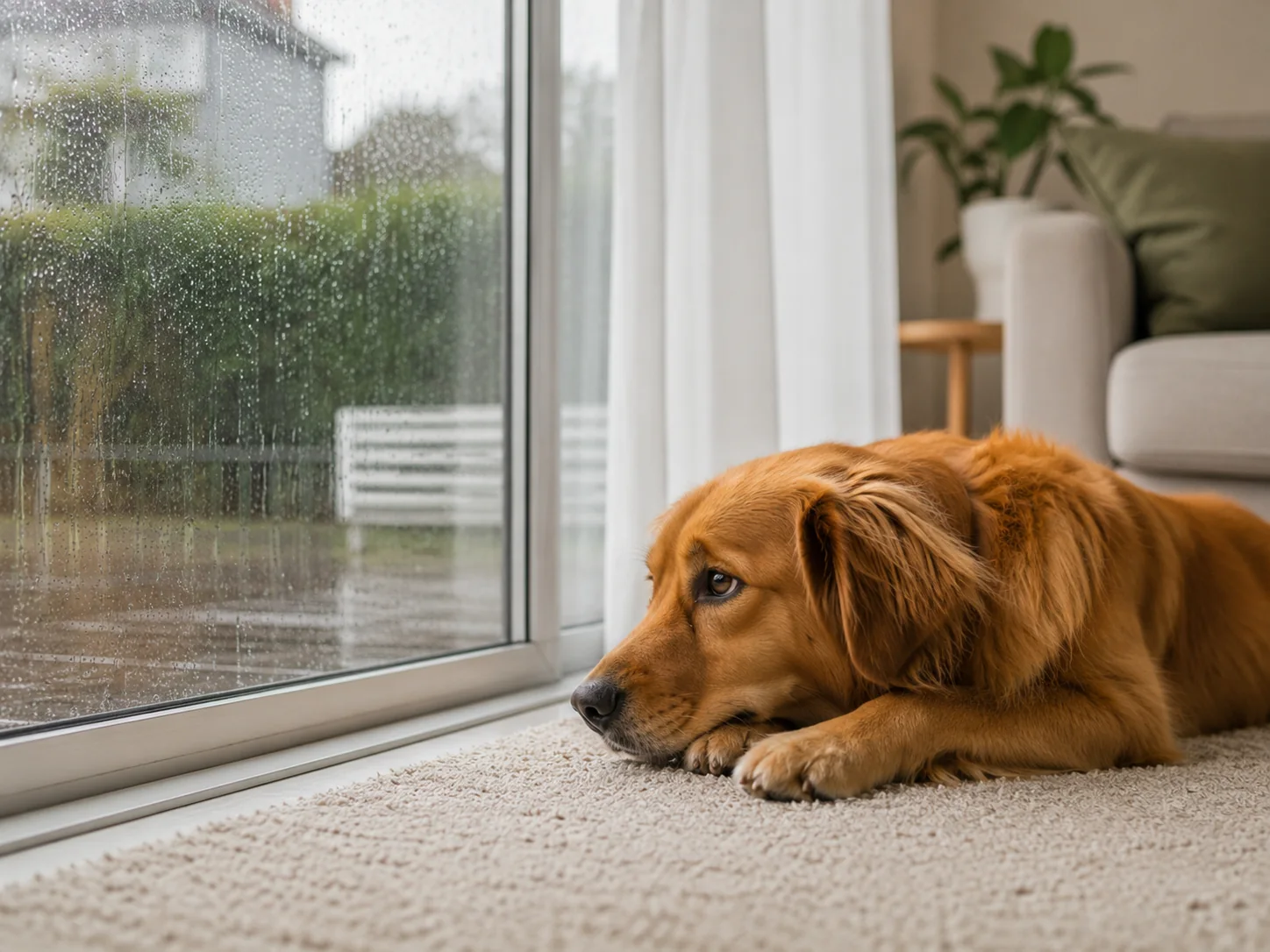 Cão olhando pela janela em dia de chuva.